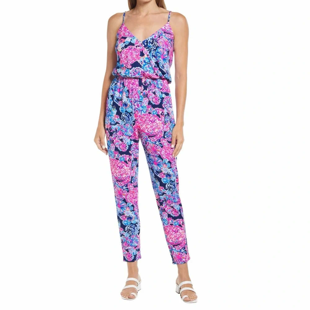 NWT Lilly Pulitzer Dante Jumpsuit High Tide Navy Pink In Turtle Amazement Size M - Picture 3 of 11